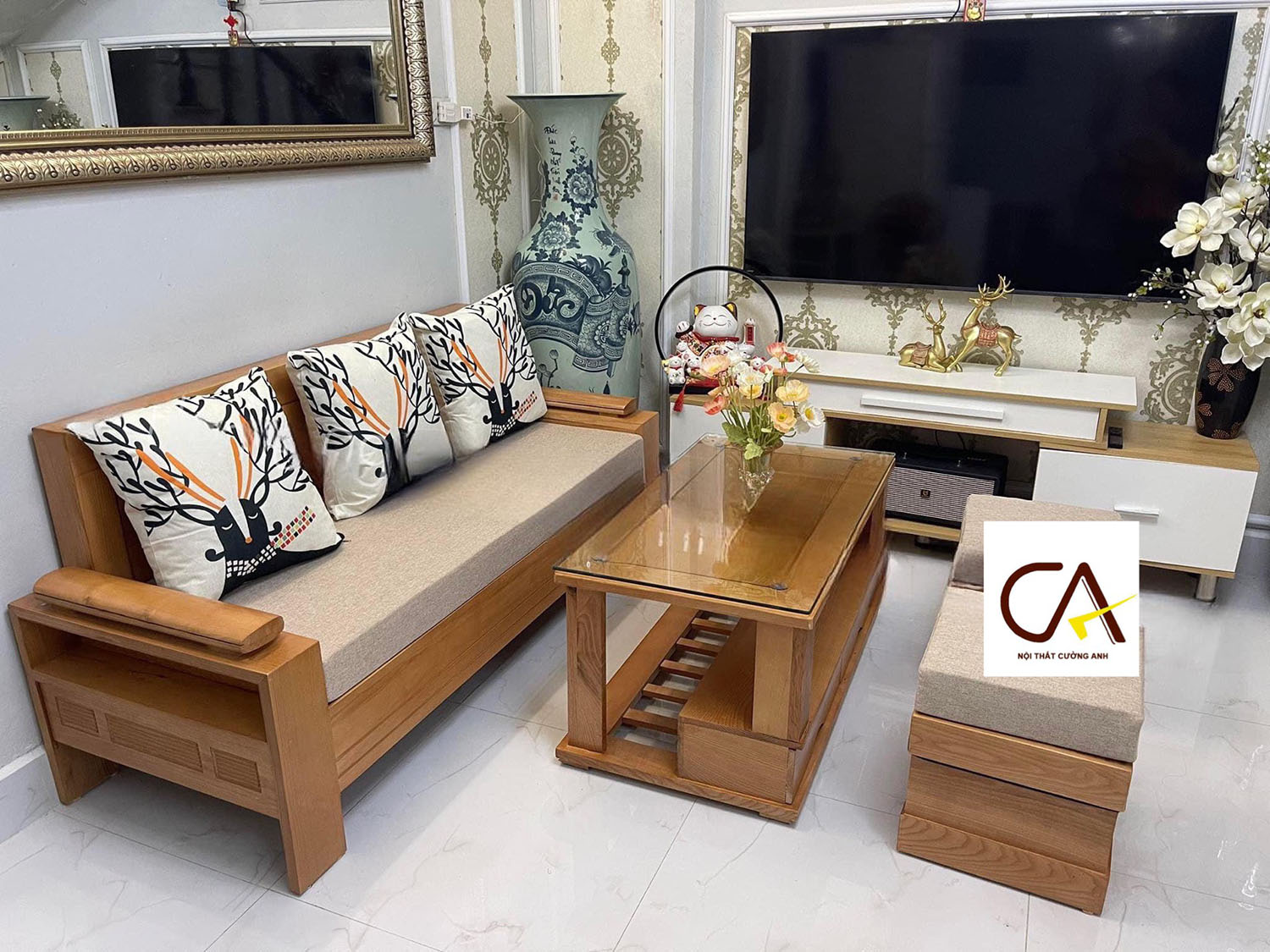 Bộ bàn ghế phòng khách sofa sa lông gỗ sồi giá rẻ